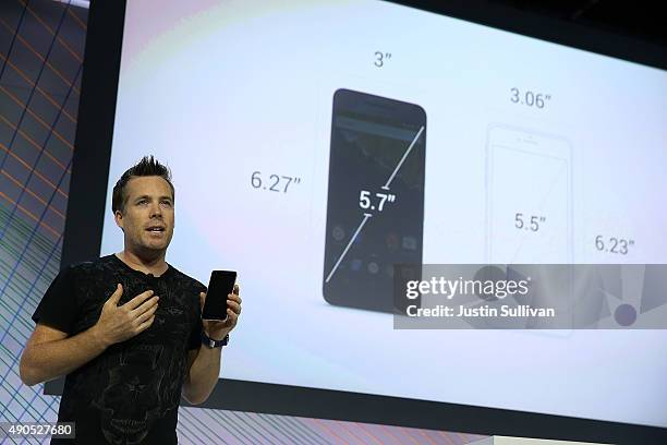 Google VP of engineering Dave Burke announces a new Nexus phone during a Google media event on September 29, 2015 in San Francisco, California....