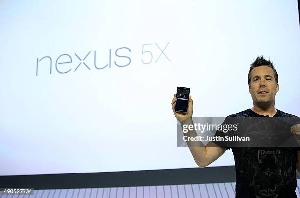 Google VP of engineering Dave Burke announces a new Nexus 5X phone during a Google media event on September 29, 2015 in San Francisco, California....