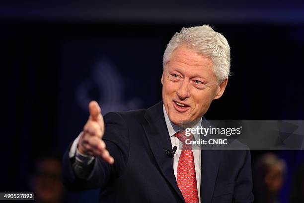 Pictured: Former U.S. President Bill Clinton speaks to CNBC's Becky Quick in an exclusive interview, during the Clinton Global Initiative Annual...