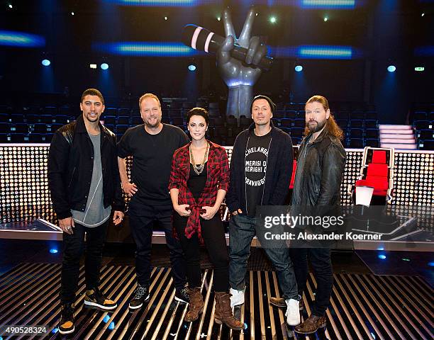 Andreas Bourani, Smudo, Stefanie Kloss, Michi Beck and Rea Garvey attend a photo call for the television talent show 'The Voice of Germany' on...