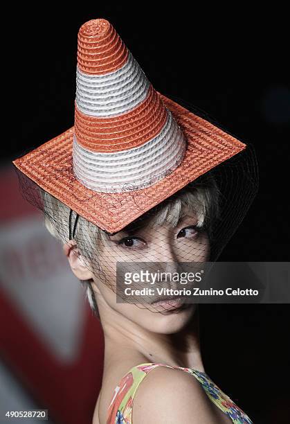 An alternative view of a model walks the runway during the Moschino fashion show as part of Milan Fashion Week Spring/Summer 2016 on September 24,...