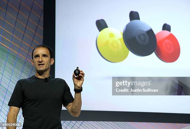 Mario Queiroz, Vice President of Product Management at Google, announces the new version of Google Chromecast during a Google media event on...