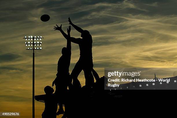 General view of a line out at sunset during the 2015 Rugby World Cup Pool C match between Tonga and Namibia at Sandy Park on September 29, 2015 in...
