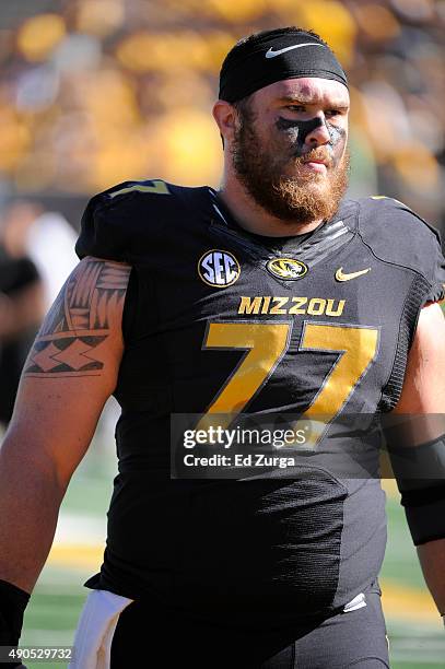 Evan Boehm of the Missouri Tigers warms up prior to a game against the Connecticut Huskies at Memorial Stadium on September 19, 2015 in Columbia,...