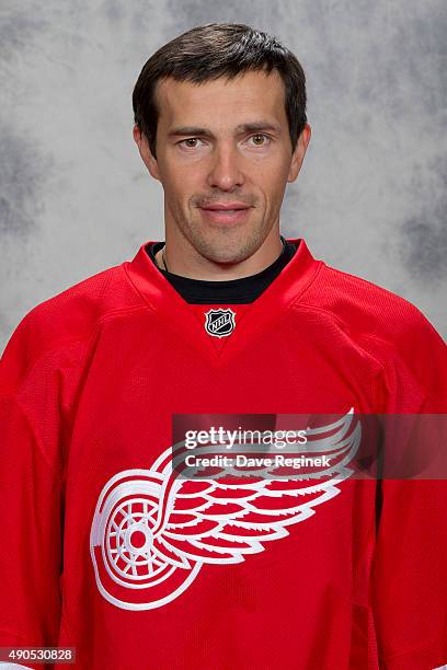 Pavel Datsyuk of the Detroit Red Wings has his official NHL head shot taken at Centre Ice Arena on September 17, 2015 in Traverse City, Michigan.