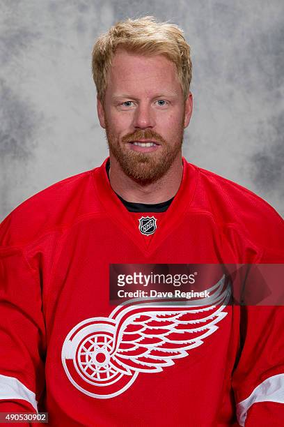 Johan Franzen of the Detroit Red Wings has his official NHL head shot taken at Centre Ice Arena on September 17, 2015 in Traverse City, Michigan.
