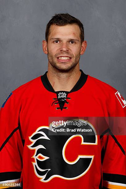 Blair Riley of the Calgary Flames poses for his official headshot for the 2015-2016 season on September 17, 2015 at the WinSport Winter Sport...