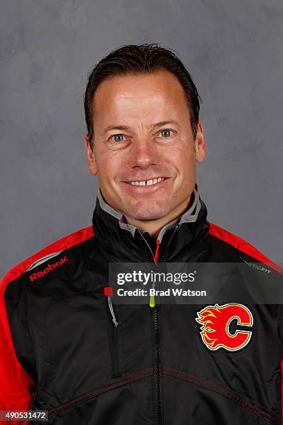 Martin Gelinas of the Calgary Flames poses for his official headshot for the 2015-2016 season on September 17, 2015 at the WinSport Winter Sport...