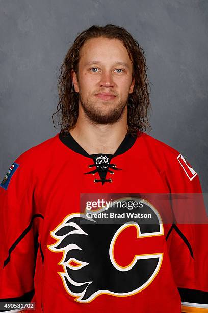 Karri Ramo of the Calgary Flames poses for his official headshot for the 2015-2016 season on September 17, 2015 at the WinSport Winter Sport...