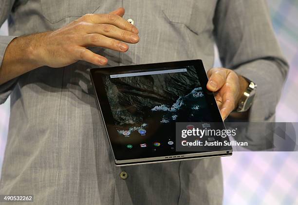 Google product manager Andrew Bowers announces the new Android-based Pixel C tablet during a Google media event on September 29, 2015 in San...