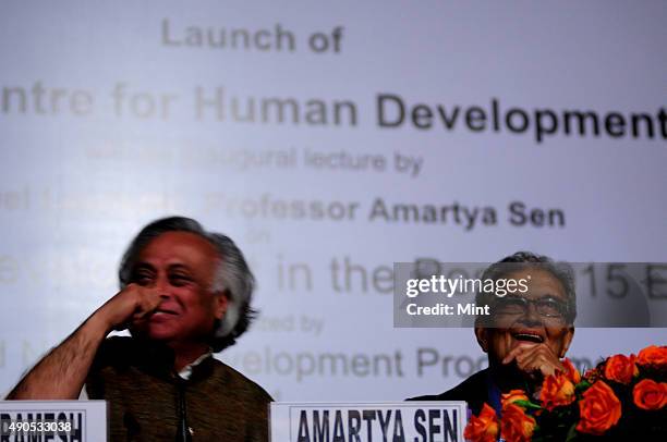 Nobel laureate and economist professor Amartya Sen with Jairam Ramesh, Minister of Rural Development, at the launch of the International Centre For...