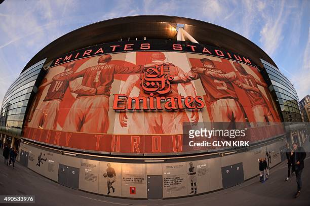 Picture shows the outside of The Emirates Stadium in north London on September 29, 2015 ahead of kick off of the UEFA Champions League Group F...
