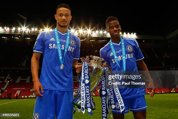 Goal scorers Lewis Baker and Charly Musonda of Chelsea celebrate with the trophy after the Barclays Under-21 Premier League Final match between...