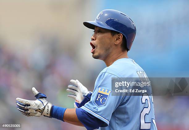 Norichika Aoki of the Kansas City Royals reacts after being called out on a bunt attempt in the seventh inning during a game against the Colorado...