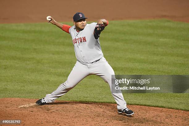 Jean Machi of the Boston Red Sox pitches during a baseball game against the Baltimore Orioles at Oriole Park at Camden Yards on September 15, 2015 in...