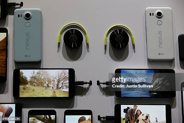 New Google devices are displayed during a Google media event on September 29, 2015 in San Francisco, California. Google unveiled its 2015 smartphone...