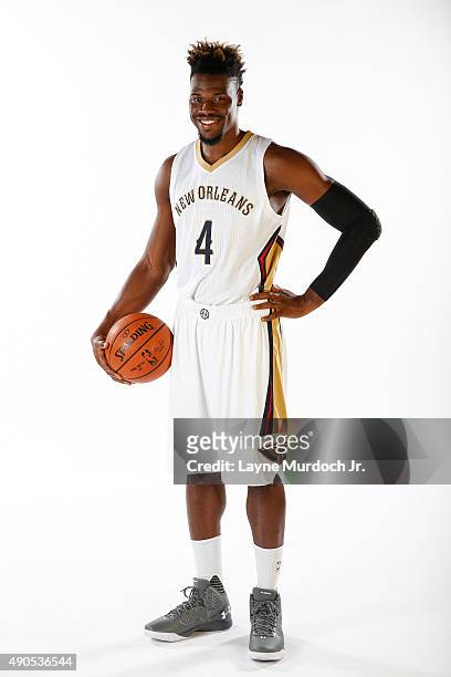 Jeff Adrien of the New Orleans Pelicans poses for photos during NBA Media Day on September 28, 2015 at the New Orleans Pelicans practice facility in...