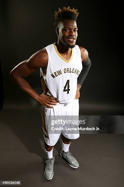 Jeff Adrien of the New Orleans Pelicans pose for photos during NBA Media Day on September 28, 2015 at the New Orleans Pelicans practice facility in...