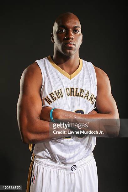 Quincy Pondexter of the New Orleans Pelicans poses for photos during NBA Media Day on September 28, 2015 at the New Orleans Pelicans practice...