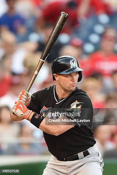 Cole Gillespie of the Miami Marlins prepares for a pitch during a baseball game against the Washington Nationals at Nationals Park on September 19,...
