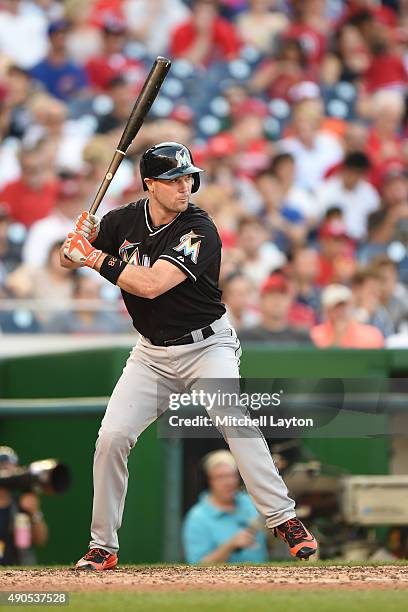 Cole Gillespie of the Miami Marlins prepares for a pitch during a baseball game against the Washington Nationals at Nationals Park on September 19,...