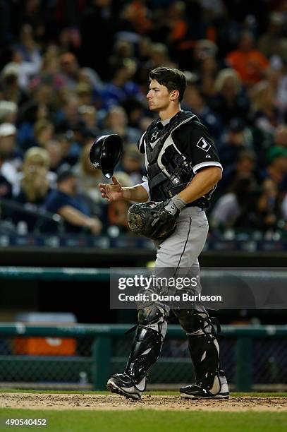 Catcher Rob Brantly of the Chicago White Sox during game two of a double-header at Comerica Park on September 21, 2015 in Detroit, Michigan.