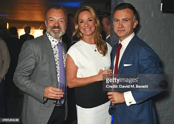 Graham Norton, Tamzin Outhwaite and Daniel Hinchliffe attend "Above / Beyond" hosted by American Airlines at One Marylebone on September 29, 2015 in...