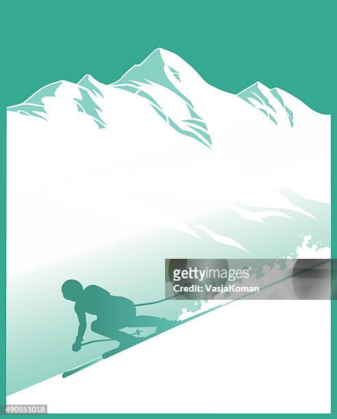 ilustrações, clipart, desenhos animados e ícones de montanhas cobertas de neve com esquiadora alpina-silhueta - ski slope