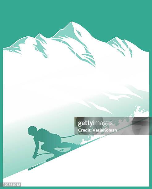 bildbanksillustrationer, clip art samt tecknat material och ikoner med snowy mountain with alpine skier - silhouette - skidåkning