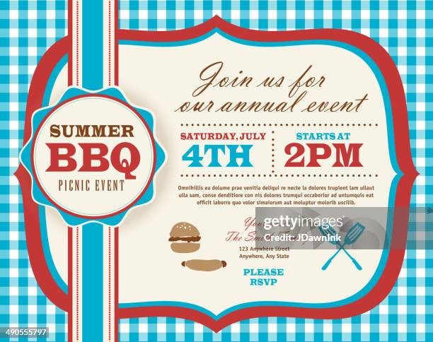 horizontal fourth of july picnic invitation design template - blue gingham stock illustrations