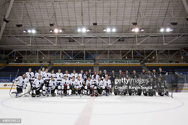 Thirty-nine NHL rookies and prospects attending the 2015 NHLPA Rookie Showcase pose for a group photo at Mattamy Athletic Centre on September 1, 2015...