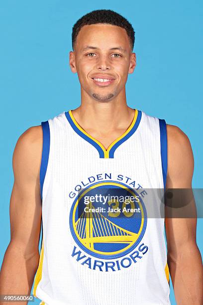 Stephen Curry of the Golden State Warriors poses for a head shot during media day on September 28, 2015 at the Warriors practice facility in Oakland,...