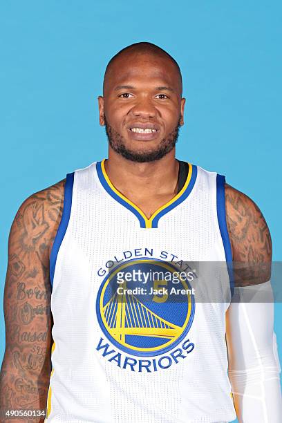 Marreese Speights of the Golden State Warriors poses for a head shot during media day on September 28, 2015 at the Warriors practice facility in...
