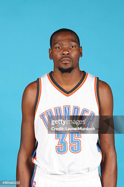 Kevin Durant of the Oklahoma City Thunder poses for a portrait during 2015 NBA Media Day on September 28, 2015 at the Thunder Events Center in...