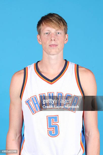 Kyle Singler of the Oklahoma City Thunder poses for a portrait during 2015 NBA Media Day on September 28, 2015 at the Thunder Events Center in...