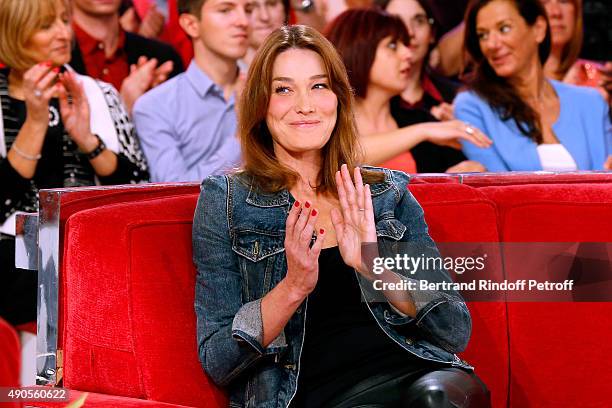 Author of songs from Christophe Willem's new Album 'Parait-il', Carla Bruni attends the 'Vivement Dimanche' French TV Show at Pavillon Gabriel on...