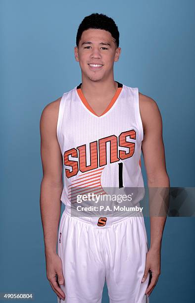 Devin Booker of the Phoenix Suns poses for a portrait on Media Day on September 28, 2015 at the Talking Stick Resort Arena in Phoenix, Arizona. NOTE...