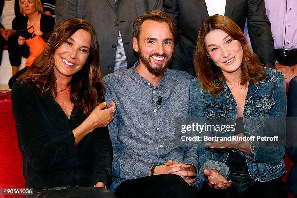 Singer Zazie, Main Guest of the show, singer Christophe Willem and Author of songs from Christophe's new Album 'Parait-il', Carla Bruni attend the...