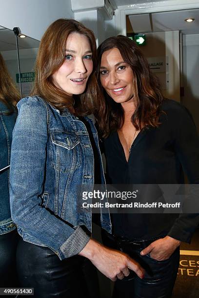Singers Carla Bruni and Zazie attend the 'Vivement Dimanche' French TV Show at Pavillon Gabriel on September 29, 2015 in Paris, France.