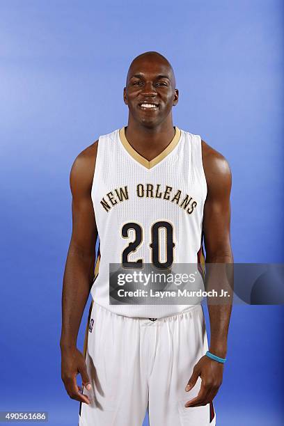 Quincy Pondexter of the New Orleans Pelicans pose for photos during NBA Media Day on September 28, 2015 at the New Orleans Pelicans practice facility...