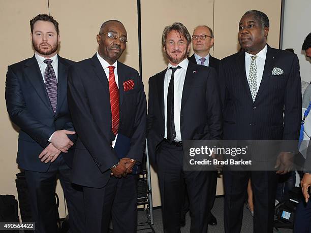 Sean Parker, Minister of the Environment Dominique Pierre, Sean Penn, Minister of Defense and Foreign Affairs Lener Renaud attend the launch of the...