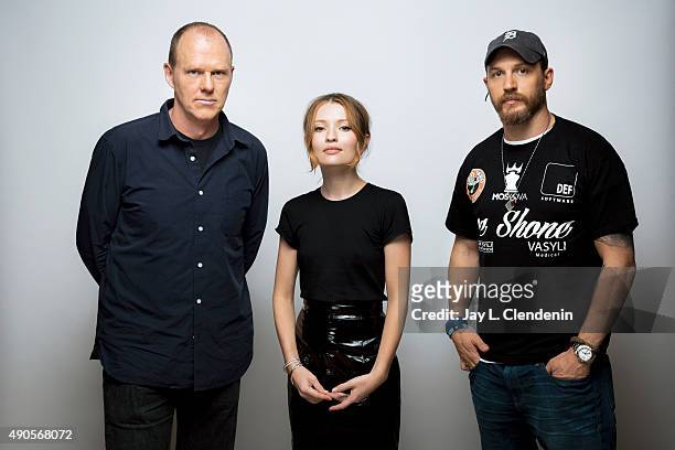 Director Brian Helgeland, Emily Browning and Tom Hardy of the film, "Legend" are photographed for Los Angeles Times on September 25, 2015 in Toronto,...