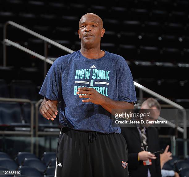 Assistant Coach Herb Williams of the New York Liberty looks on against the Indiana Fever during game Three of the WNBA Eastern Conference Finals at...