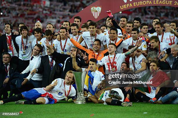 Captain Ivan Rakitic of Sevilla celebrates with team mates after victory during the UEFA Europa League Final match between Sevilla FC and SL Benfica...