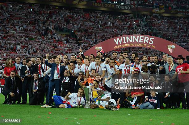 Sevilla celebrate with the trophy during the UEFA Europa League Final match between Sevilla FC and SL Benfica at Juventus Stadium on May 14, 2014 in...