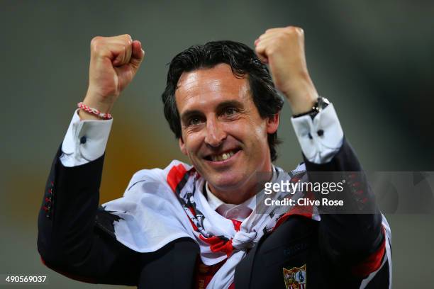 Head Coach Unai Emery of Sevilla celebrates victory during the UEFA Europa League Final match between Sevilla FC and SL Benfica at Juventus Stadium...