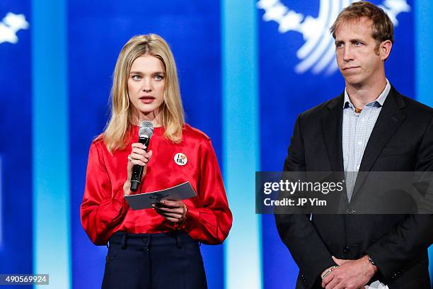 Natalia Vodianova speaks on stage at the Clinton Global Initiative 2015 at the Sheraton New York Times Square Hotel on September 29, 2015 in New York...