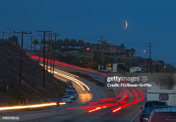 View of the Lunar Eclipse on Pacific Coast Highway on September 27, 2015 in Los Angeles, California.