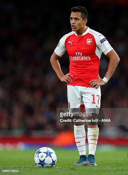 Alexis Sanchez of Arsenal during the UEFA Champions League match between Arsenal and Olympiacos at the Emirates Stadium on September 29, 2015 in...