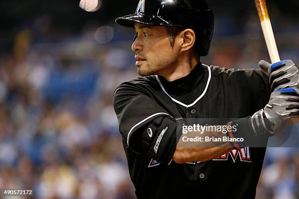 Ichiro Suzuki of the Miami Marlins waits on deck to bat during the second inning of a game against the Tampa Bay Rays on September 29, 2015 at...